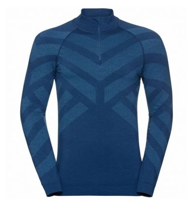 Technical T Shirt With High Collar Zip Odlo Natural Kinship Warm Estate Blue Melange Man Alpinstore