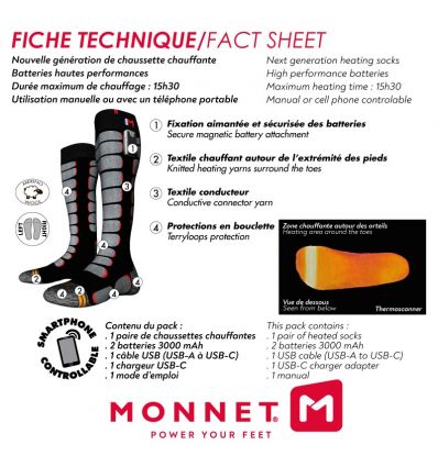 Calcetines de esquí calefactables Monnet HeatProtech 3200 (Negro/Rojo) -  Alpinstore